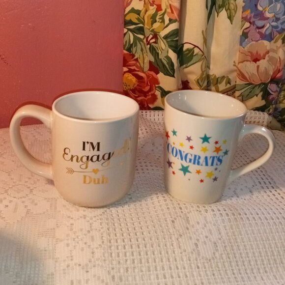 ENGAGEMENT AND CONGRADULATIONS COLORFUL KITCHEN COFFEE AND TEA LOT OF 2 MUGS - Picture 1 of 12